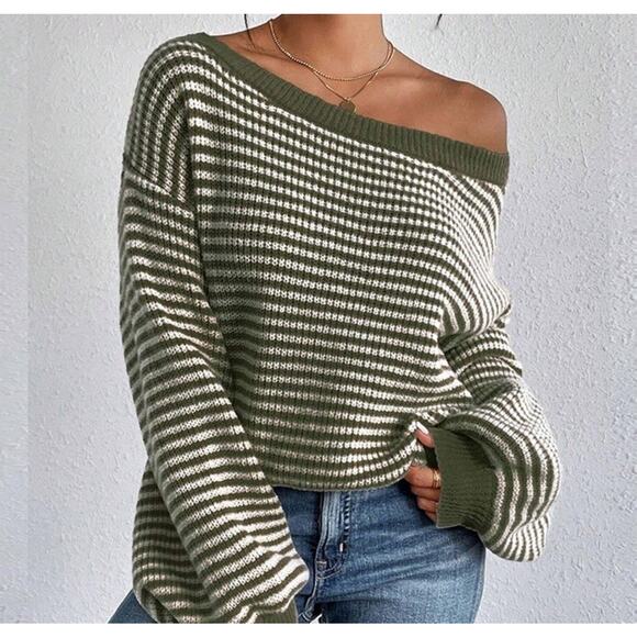 NWT Cupshe Women’s Small Oversized Striped Knit Off Shoulder Sweater Top Green - Picture 3 of 7